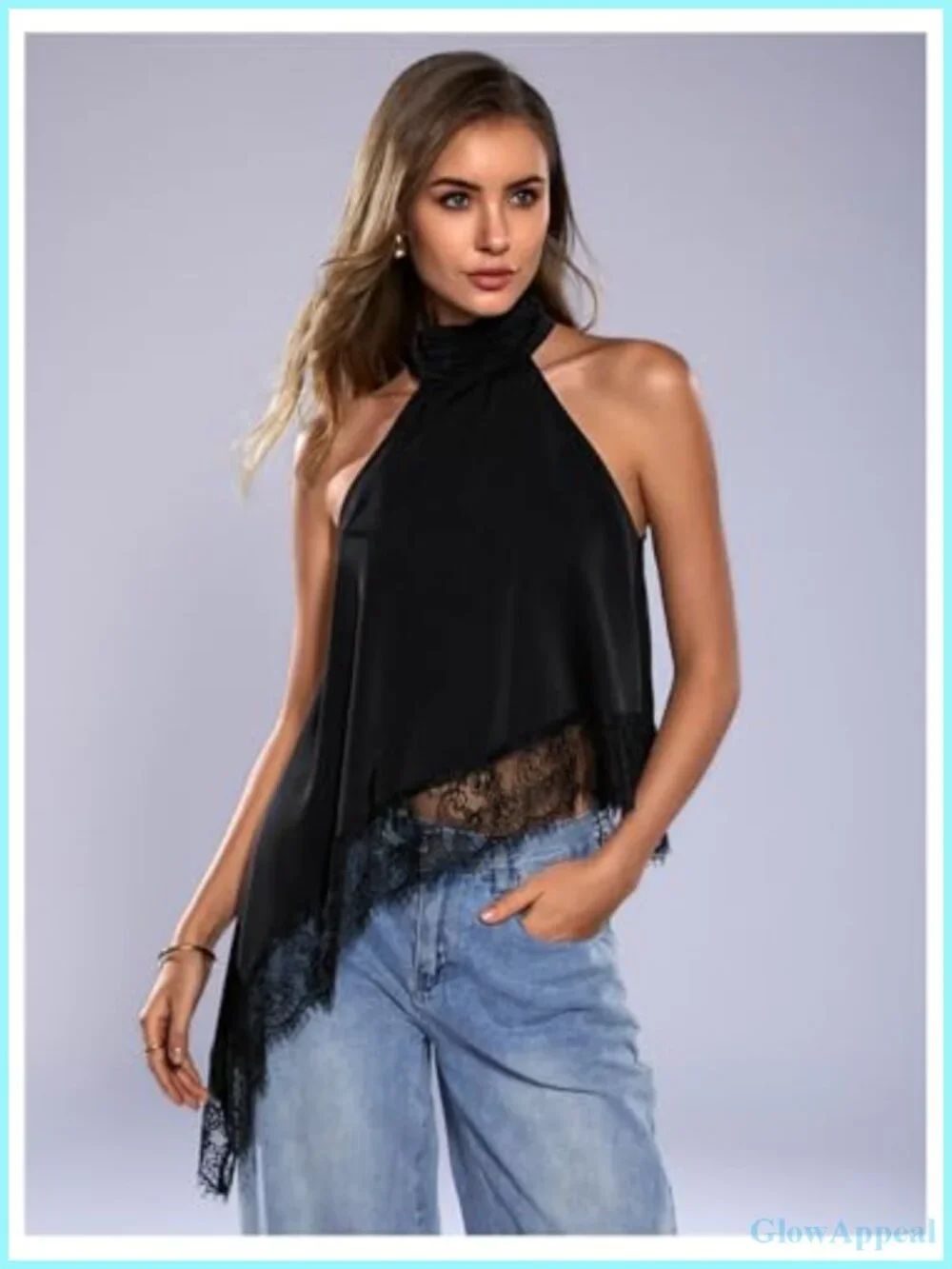 Halter Neck Sleeveless Lace Asymmetrical Hem Tank Top